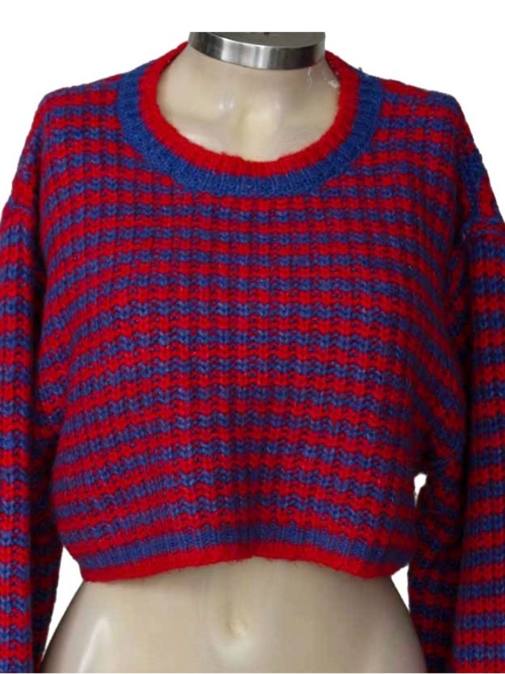 HYFVE Red and Blue Striped Cropped Crewneck Sweater